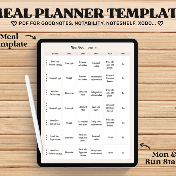 Meal Planner Goodnotes Template, Undated Digital Planner, iPad Planner, Meal Planner Pdf, Weekly Meal Planner, Notability, Planner Template