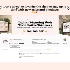 May include: A pink and white website with the text "Digital Planning Tools For Creative Dreamers" and "Believe in Yourself - Dream Big - Plan - Make Magic" in black text. The website also features a pink heart, a yellow smiley face, and the text "20%-70% Off".