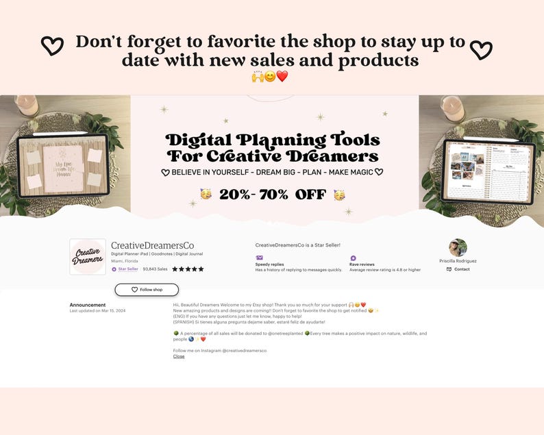 May include: A pink and white website with the text "Digital Planning Tools For Creative Dreamers" and "Believe in Yourself - Dream Big - Plan - Make Magic" in black text. The website also features a pink heart, a yellow smiley face, and the text "20%-70% Off".