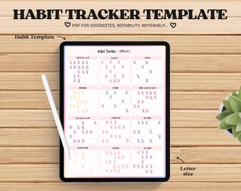 Op de afbeelding: Een digitale habit tracker-sjabloon voor Goodnotes, Notability en Noteshelf. De sjabloon heeft een raster met 12 vierkanten, elk met een andere gewoonte om bij te houden. De gewoonten omvatten "Wakker worden om 7 uur 's ochtends", "8 glazen water drinken", "Geen suiker", en meer. De sjabloon is ontworpen om te worden gebruikt met een stylus op een tablet.
