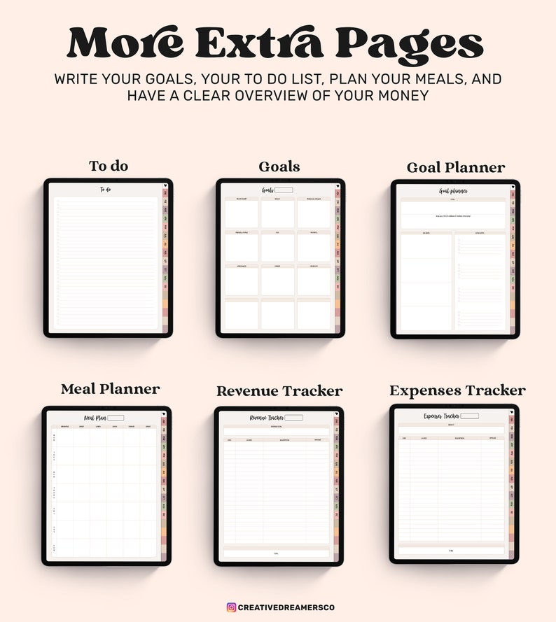 May include: Six digital planner pages for a tablet or phone. The pages are for to-do lists, goals, goal planning, meal planning, revenue tracking, and expense tracking. The pages are white with black text and lines.
