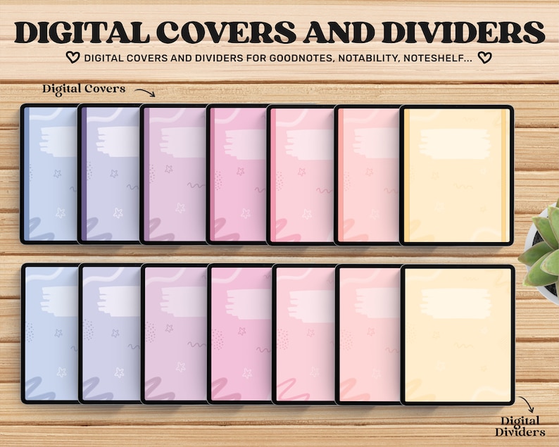 May include: A set of digital covers and dividers for note-taking apps like Goodnotes, Notability, and Noteshelf. The covers feature a variety of pastel colors and abstract designs, including stars, swirls, and brushstrokes. The dividers are plain and feature a light yellow color.