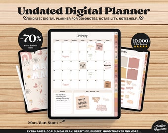 iPad Pro Planner Goodnotes, Undated Digital Planner, Digital Journal pdf, Goodnotes Template iPad, Monthly Weekly, Cute Notability Planner