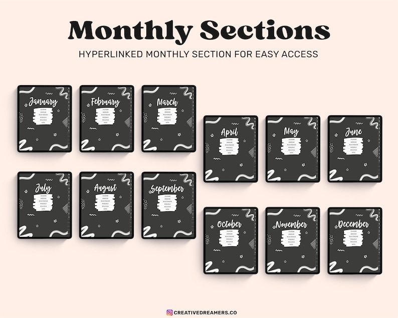 May include: A digital planner with monthly sections, each labeled with a month from January to December. The planner pages are dark gray with white text and decorative elements. The title reads "Monthly Sections" with the subtitle "Hyperlinked Monthly Section for Easy Access."