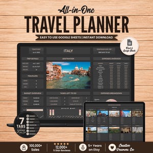 May include: A digital travel planner template for Google Sheets and Excel displayed on a laptop screen. The interface features sections for trip details, destination, expenses, and tasks. It includes a photo of Italy, budget charts, and a 7-tab navigation menu.
