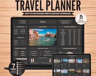 Dark Travel Planner Template Google Sheets, Travel Itinerary, Digital Packing List, Road Trip Planner Spreadsheet, Holiday Travel Checklist