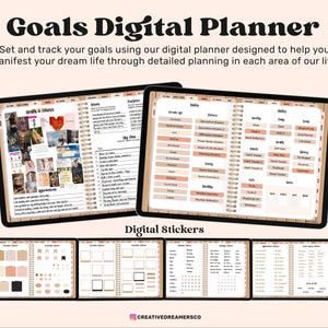 Op de afbeelding: Een digitale planner met een bruine houtnerf achtergrond. De planner is open op een pagina met een lijst met doelen en een pagina met een lijst met stickers. De tekst "Goals Digital Planner" staat bovenaan de afbeelding. De tekst "Digital Stickers" staat onderaan de afbeelding.