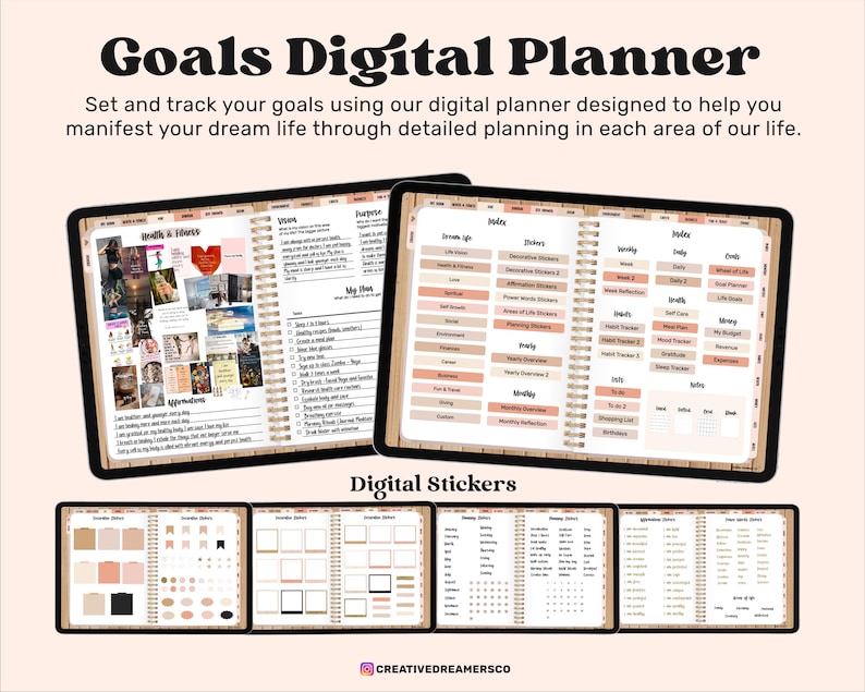 Op de afbeelding: Een digitale planner met een bruine houtnerf achtergrond. De planner is open op een pagina met een lijst met doelen en een pagina met een lijst met stickers. De tekst "Goals Digital Planner" staat bovenaan de afbeelding. De tekst "Digital Stickers" staat onderaan de afbeelding.