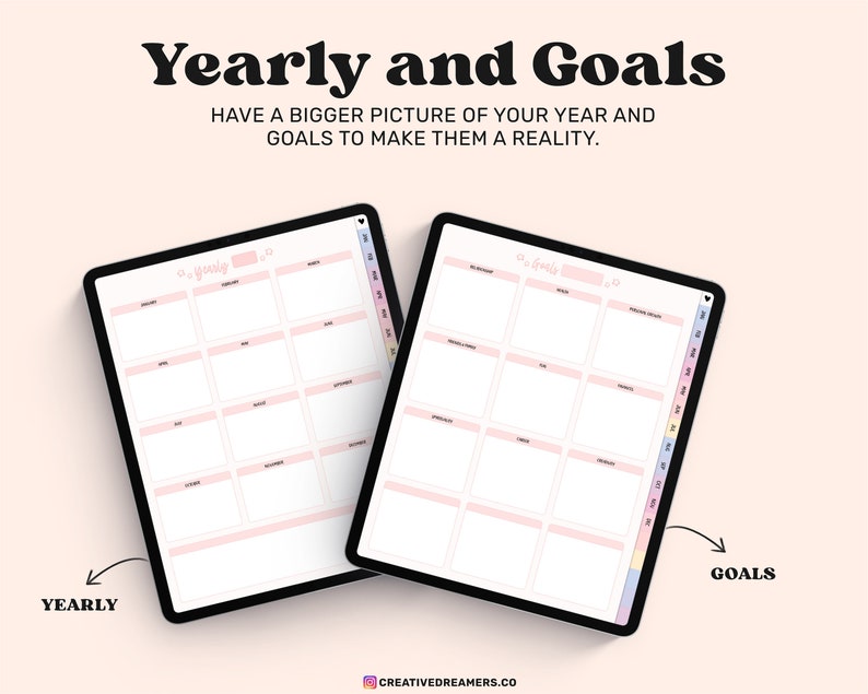 Pu&ograve; includere: Uno schermo di tablet digitale che mostra un modello di pianificazione annuale e di definizione degli obiettivi. Il modello &egrave; diviso in sezioni per ogni mese dell'anno e include spazio per scrivere gli obiettivi. Il testo "Yearly and Goals" &egrave; visualizzato nella parte superiore dello schermo.