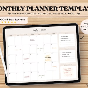 May include: A digital monthly planner template displayed on a tablet with a stylus. The planner includes a calendar layout for January, with handwritten notes. Text on the screen reads "Monthly Planner Template" and "Works on Android and iPad."