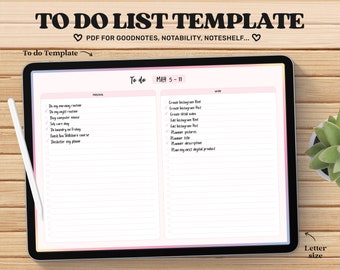 以下が含まれることがあります： Goodnotes、Notability、Noteshelf アプリ用のデジタル ToDo リストテンプレート。テンプレートは「個人」と「仕事」というラベルの付いた 2 つの列に分かれています。テンプレートは 5 月 5 日から 11 日までの週のために設計されています。テンプレートはピンクとオレンジのグラデーションの背景を持つタブレット上にあります。