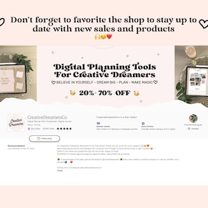 May include: A pink and white website with the text "Digital Planning Tools For Creative Dreamers" and "Believe in Yourself - Dream Big - Plan - Make Magic" in black text. The website also features a pink heart, a yellow smiley face, and the text "20%-70% Off".