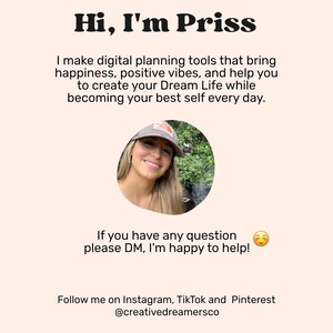 Puede incluir: Una mujer sonriente con cabello casta&ntilde;o que lleva una gorra de b&eacute;isbol gris con un logotipo blanco. Est&aacute; de pie frente a una cascada en un bosque verde. El texto "Hi, I'm Priss" est&aacute; en la parte superior de la imagen. El texto "I make digital planning tools that bring happiness, positive vibes, and help you to create your Dream Life while becoming your best self every day." est&aacute; debajo de la foto de la mujer. El texto "If you have any question please DM, I'm happy to help!" est&aacute; debajo del texto. El texto "Follow me on Instagram, TikTok and Pinterest @creativedreamersco" est&aacute; en la parte inferior de la imagen.
