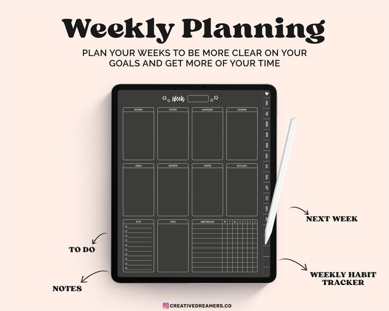 May include: A digital weekly planner on a tablet with the text "Weekly Planning". The planner includes sections for each day, a to-do list, notes, and a habit tracker. A white stylus points to "Next Week".