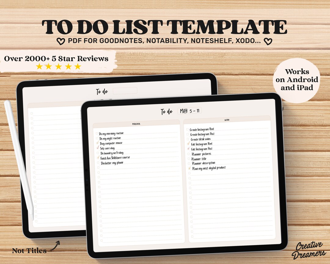 Digital to Do List Goodnotes Template, iPad Planner, Digital Planner