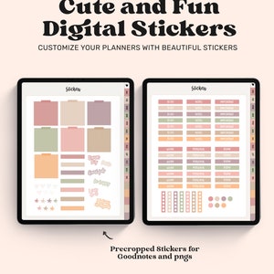May include: Two digital planner sticker sheets with a variety of colorful stickers. The left sheet features a variety of shapes, stars, and motivational quotes. The right sheet features a variety of labels for to-do lists, notes, and work tasks.