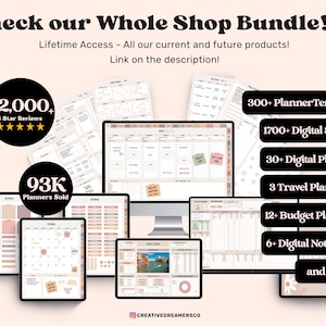 May include: A digital planner bundle with over 12,000 five-star reviews and 93,000 planners sold. The bundle includes 300+ planner templates, 1700+ digital stickers, 30+ digital planners, 3 travel planners, 12+ budget planners, 6+ digital notebooks, and more.
