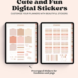 May include: Two digital tablets displaying sticker sets in neutral tones. The screens show various shapes, including squares, rectangles, hearts, stars, and text labels like 'To Do', 'Notes', 'Important', 'Work', 'Personal', and 'Today'.
