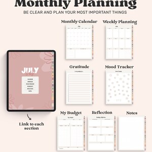 May include: A digital monthly planner displayed on a tablet screen with a pink floral cover and a menu listing calendar, gratitude, mood tracker, budget, reflection, and notes. Six individual page templates are shown with tabs for navigation.