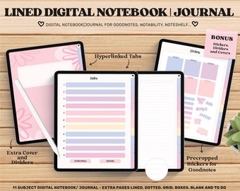 Digital Notebook, Goodnotes Template, Digital Journal Stickers, Notability, iPad pdf, Lined Notebook, Goodnotes Cover, Digital planning