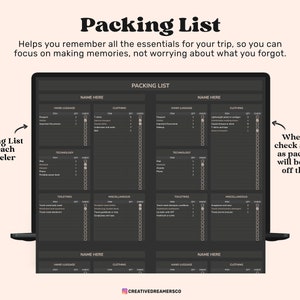 May include: A digital packing list template displayed on a laptop screen. The dark gray interface features organized columns for hand luggage, clothing, technology, toiletries, and miscellaneous items, with checkboxes to cross off packed essentials.