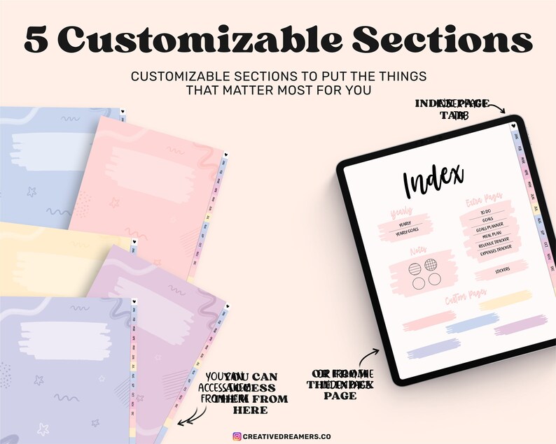 Pu&ograve; includere: Un planner digitale con un design rosa e bianco. Il planner ha cinque sezioni personalizzabili, tra cui una sezione settimanale, mensile e note. Il planner ha anche una pagina di indice con schede per una facile navigazione.