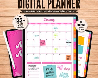 Digital Planner Template Pink, Digital Journal, Colorful Goodnotes Planner, Simple Monthly Planner, Cute iPad Planner pdf, Noteful Planner