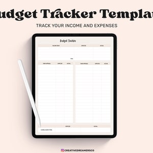 May include: A digital tablet screen displaying a budget tracker template. The template is divided into two columns, one for income and one for expenses. Each column has headings for "Expected" and "Actual".