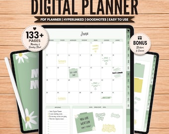 Green Floral Goodnotes Planner, iPad Planner, Retro Undated Digital Planner, Goodnotes template, Monthly Weekly Planner, Simple Planner pdf