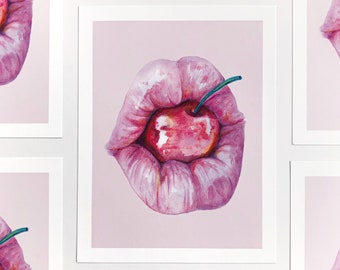 Cherry Lips Watercolor Art Print | Painting | Pink Art Print | Lip Art | Fruit Art