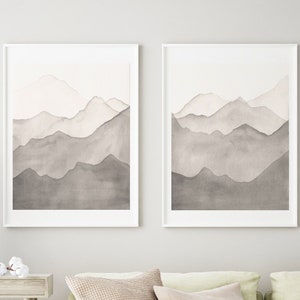 Rocky Mountain Art, Grey Diptych, Landscape Watercolor Print, Wall Painting, Monochrome Giclee,  Mountain Wall Art Set, Set Of 2