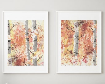 Nature Wall Art, Masculine Diptych, Birch Tree Watercolor Print, Mothers Day, Painting, Rustic Giclee, Cabin, Wall Hanging Picture, Set Of 2