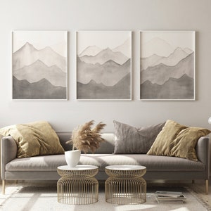 Grey Mountain Art, Masculine Triptych, Landscape Watercolor Print, Calm Painting, Monochrome Giclee,  Modern Wall Hanging Picture, Set Of 3