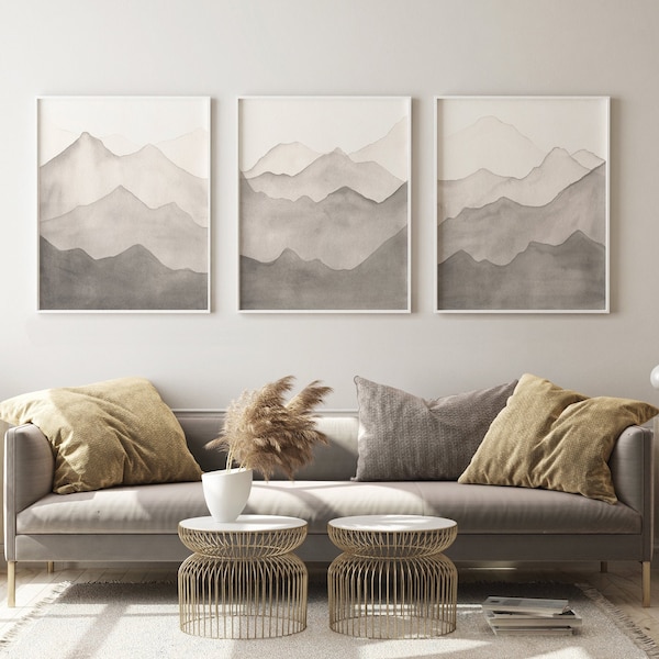 Art de la montagne grise, triptyque masculin, impression aquarelle de paysage, peinture calme, jet d'encre monochrome, photo moderne à suspendre au mur, ensemble de 3
