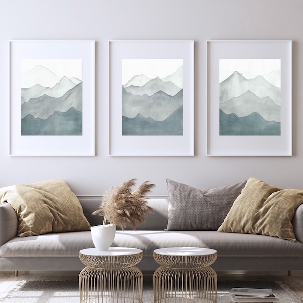 Grey Mountain Watercolour Print, Triptych Wall Art, Downloadable Wall Decor, Calm Wall Hanging Picture, Watercolor Landscape, Set of 3 Print