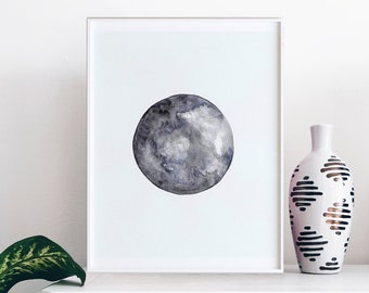 Full Moon Wall Decor, Watercolor Print, Mountainscape, Solar System Painting, Minimalist Lunar Art, Modern Wall Hanging Picture, Moon Phases