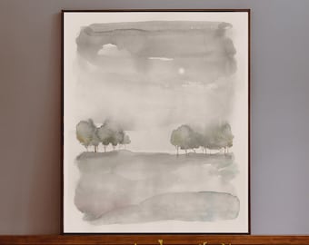 Calm Landscape, Watercolor Print, Simple Wall Art, Moon Minimalist Painting, Abstract Ocean, Neutral, White, Grey Living Room Decor, Bedroom