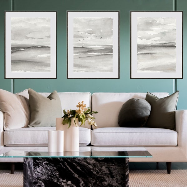 Triptyque Art mural, Paysage abstrait, Aquarelle, Peinture calme, Giclee monochrome, Image moderne, Ensemble de 3, Décor neutre