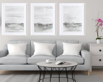 Grey Watercolour Art, Masculine Triptych, Abstract Landscape Print, Calm Painting, Monochrome Giclee,  Modern Wall Hanging Picture, Set Of 3