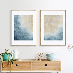 Art Set of 2, Extra Large Ocean Wave Art, Mexico Diptych, Aerial Watercolor Print, Blue Painting, Minimal Giclee,  Modern Wall Hanging