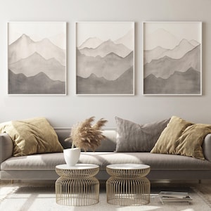 Mountain Watercolor Art, Set of 3, Digital Download, Landscape Print, Grey Painting, Neutral Decor, Modern Wall Hanging Picture, Masculine
