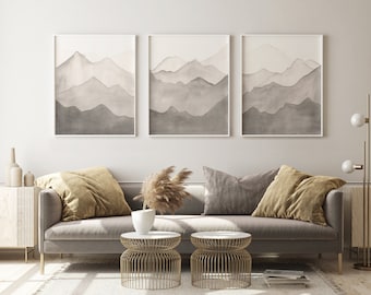 Arte dell'acquerello di montagna, set di 3, download digitale, stampa orizzontale, pittura grigia, arredamento neutro, immagine appesa a parete moderna, maschile