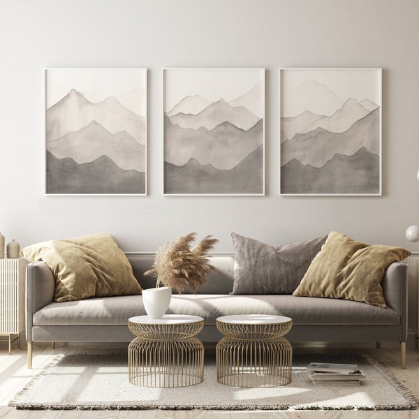 Mountain Watercolor Art, Set of 3, Digital Download, Landscape Print, Grey Painting, Neutral Decor, Modern Wall Hanging Picture, Masculine