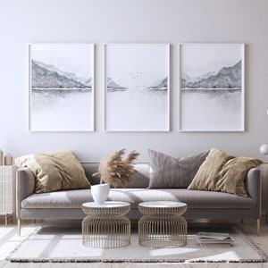 Grey Mountain Art, Masculine Triptych, Landscape Watercolor Print, Painting, Monochrome Giclee,  Modern Wall Hanging Picture, Set Of 3