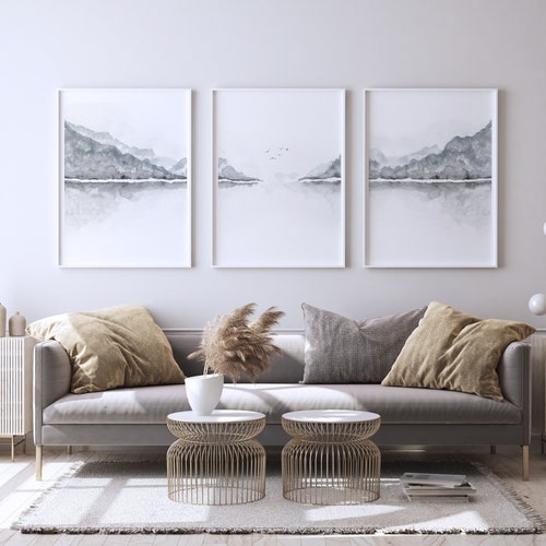 Grey Mountain Art Masculine Triptych Landscape Watercolor Etsy
