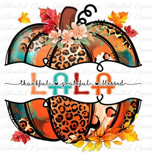 May include: A watercolor pumpkin with a leopard print design and fall leaves. The pumpkin has the words "thankful grateful blessed" written on it.
