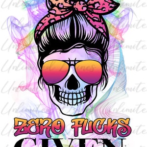 Puede incluir: Un diseño gráfico colorido que presenta una calavera con un moño desordenado, gafas de sol y un lazo rosa con estampado de leopardo. El texto "ZERO FUCKS GIVEN" está escrito debajo de la calavera.