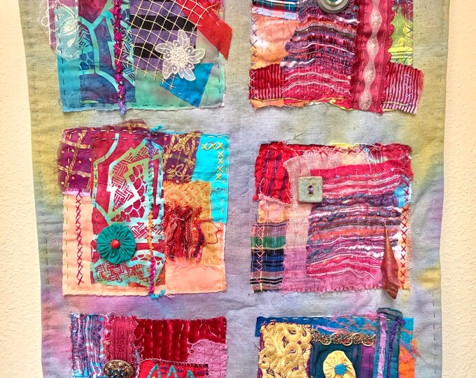 Mixed Media Wall Hanging, Vibrant Fiber Art, 6 Contrast Squares, Original Textile Art, Etsy