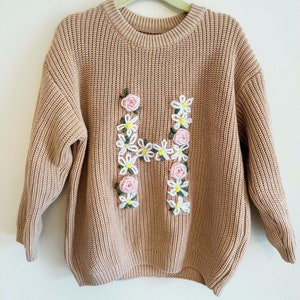 Flower Initial Sweater, Personalized Letter Sweater, Hand Stitched Flower Sweater, Baby/Toddler Custom Name Sweater, Embroidery Sweater