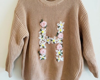 Flower Initial Sweater, Personalized Letter Sweater, Hand Stitched Flower Sweater, Baby/Toddler Custom Name Sweater, Embroidery Sweater